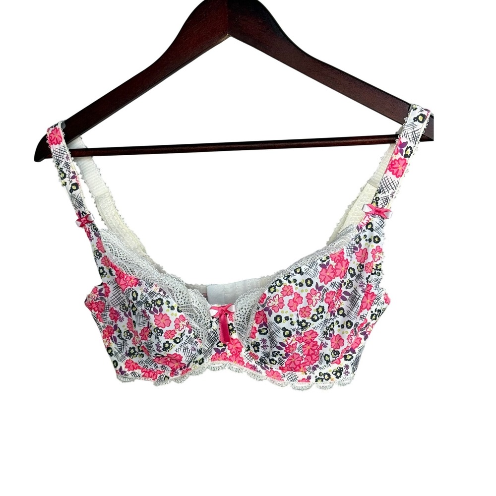 Freya Bra Women 30F White Pink Floral Polyester AA1541BLM Underwire Lace Trim